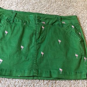 Nori green skirt with embroidered flamingos